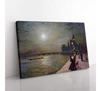 Reflections On The Thames By John Atkinson Grimshaw Classic Painting Canvas Wall Art Print Ready to Hang, Framed Picture for Living Room Bedroom Home Office Décor, 50x35 cm (20x14 Inch)