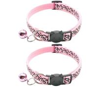 Reflective 2 Pack Breakaway Cat Collars with Bell Leopard Pattern Cute Kitty Adjustable 7.5-12.5 Inch Safe Kitten Collars Charms (Pink)