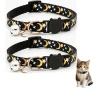 Reflective Adjustable Cat Collar with Bell, Moon Star Print Kitten Collar with Safety Breakaway Buckle, Cute Cat Collar for Cats Kittens, Multiple Colors Available (2 Pack)