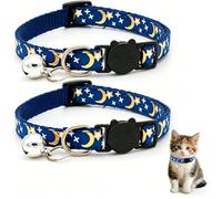 Reflective Adjustable Cat Collar with Bell, Moon Star Print Kitten Collar with Safety Breakaway Buckle, Cute Cat Collar for Cats Kittens, Multiple Colors Available (2 Pack)