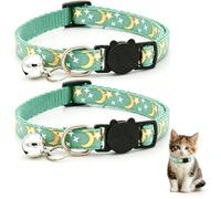 Reflective Adjustable Cat Collar with Bell, Moon Star Print Kitten Collar with Safety Breakaway Buckle, Cute Cat Collar for Cats Kittens, Multiple Colors Available (2 Pack)