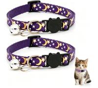 Reflective Adjustable Cat Collar with Bell, Moon Star Print Kitten Collar with Safety Breakaway Buckle, Cute Cat Collar for Cats Kittens, Multiple Colors Available (2 Pack)