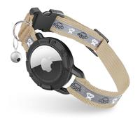 Reflective AirTag Cat Collar, Integrated Cat Tracker Collar with Air Tag Holder and Bell, Safety Elastic Band Cat GPS Collars for Girl Boy Cats, Kittens and Puppies (Khaki,S)