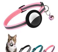 Reflective Cat Collar Fits for AirTag Holder, Breakaway Safety Buckle, Bell & Adjustable Strap for Cats Kittens - Compatible with Apple AirTag, Anti-Lost Pet Tracker Collar,Pink