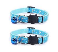 Reflective Cat Collars Breakaway with Bell 2-Pack Girl Boy Pet Kitten Collar with Star Moon Patetrn Adjustable 19-32 CM,Pet Kitten Collars Adjustable(Blue)