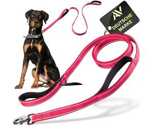 Reflective dog leash with integrated short lead | 2 hand-friendly padded hand loops | 1.5 meter long reflector nylon leash for large and medium-sized dogs - red