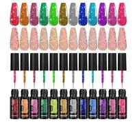 Reflective Glitter Nail Gel Set - 12 Color Collection for Women, Sparkling Polish and Liner Kit for Diy Decoration at Home or Salon Great for Festivals Holidays and Everyday
