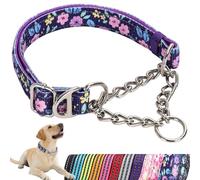 Reflective Martingale Dog Collar with Chain - Comfortable & Safe Choke Dog Collar for Medium Large Extra Large and XXL Dogs Trainer Recommended Collar (Purple Flowers XL)