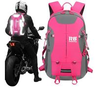 Reflective Motorcycle Backpack - Hi Viz EDC Bag for Riders, Night Commute, Travel, Gear with Helmet & Laptop Compartment, Pink, 35L, Reflective Backpack