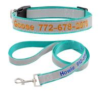 Reflective Personalized Dog Collar, Custom Embroidered with Pet Name and Phone Number for Boy and Girl Dogs, 4 Adjustable Sizes: Extra-Small, Small, Medium, Large Pet Gift (Collar+Leash)