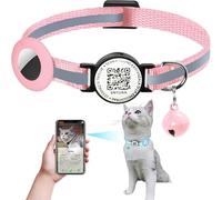 Reflective Smart Cat Collar - QR Code Anti-Lost Cat ID Tag Collar With AirTag Holder, Adjustable Nylon Collar with Bell Charm for Cats Kittens (Pink With Bell, With Airtag Holder)