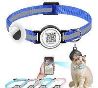 Reflective Smart Cat Collar - QR Code Anti-Lost Cat ID Tag Collar With AirTag Holder, Adjustable Nylon Collar with Bell Charm for Cats Kittens (Blue With Bell, With Airtag Holder)