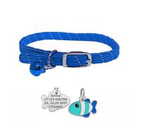 Reflective Softweave Cat Collar with Safety Elastic & Bell with Personalised Fish Shape ID Pet Tag (Blue)