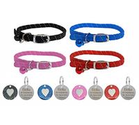 Reflective Softweave Cat/Kitten Pet Collar with Safety Elastic, Bell & Personalised Engraved Heart Tag (Black)