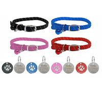 Reflective Softweave Cat/Kitten Pet Collar with Safety Elastic, Bell & Personalised Engraved Paw Print Tag (Black)