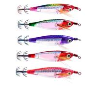 Reflective Squid Jig Hook Set Pack for Shore Anglers | Night Fishing Lure Assortment with Glow Body, Skirted Head, Crown Hook Tails, Five Pieces