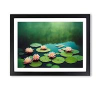 Reflective Water Lily Pond Framed Print | A2 Black Framed Wall Art | Ready to Hang | Modern Floral Picture | Living Room Bedroom Lounge Office