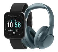 Reflex Active Series 13 Black Strap Smart Watch and Wireless Noise Cancelling Over Hear Studio Headphones Bundle Gift Set