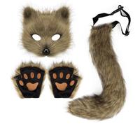 REFOEEDY Furry Fox Wolf Tail & Mask Combo - Therian Gear with Paws, Great for Anime Costume Party, Halloween, Christmas Cosplay, Adults Suitable (Grass Yellow)