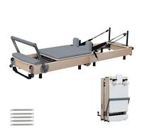 Reformer Pilates Machine Wooden, Foldable Reformer Pilates Machine for Home Use, Pilates Reformer Machine Set with Adjustable Shoulder Pillow, Square Box, Springboard, 5 Springs (Grey, Maple wood)