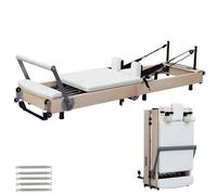 Reformer Pilates Machine Wooden, Foldable Reformer Pilates Machine for Home Use, Pilates Reformer Machine Set with Adjustable Shoulder Pillow, Square Box, Springboard, 5 Springs (White, Maple wood)