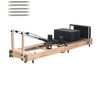 Reformer Pilates Machine Wooden, Foldable Reformer Pilates Machine for Home Use, Pilates Reformer Machine Set with Adjustable Shoulder Pillow, Square Box, Springboard, 5 Springs (Black, Rubber wood)