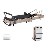 Reformer Pilates Machine Wooden, Foldable Reformer Pilates Machine for Home Use, Pilates Reformer Machine Set with Adjustable Shoulder Pillow, Square Box, Springboard, 5 Springs (Black, Maple wood)