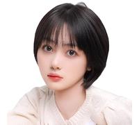 Refrescante Layered Short Wigs For Woman Short Black Straight Wig Short Bob Human Hair Wig With Bangs Natural Black Pixie Cut Wig(11"/28cm) Adjustable