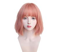 Refrescante Pink Wig With Air Bangs Short Curly Wavy Bob Wig For Girls Daily Use Colorful Wigs Comfortable Headband Wig Natural Looking Wigs Adjustable