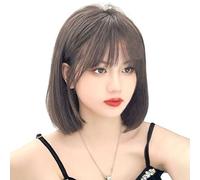 Refrescante Shoulder Length Black Wigs Short Straight Wig With Bangs Straight Human Hair Wigs For Woman Short Black Bob Wig For Party (13"/33cm) Adjustable