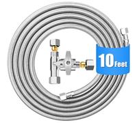 Refrigerator Water Line Kit - 10FT Stainless Steel Braided Ice Maker Water Line with Tee Stop Valve,Foodgrade PEX Inner Hose Fridge Water Line with 1/4" Comp Fitting and Tee Valve