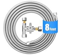 Refrigerator Water Line Kit - 8FT Stainless Steel Braided Ice Maker Water Line with Tee Stop Valve,Foodgrade PEX Inner Hose Fridge Water Line with 1/4" Comp Fitting and Tee Valve