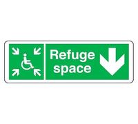 Refuge space arrow down - safety sign - 1.2mm Rigid plastic for indoor/outdoor usage (150mm x 50mm) Viewing Distance within 3m.