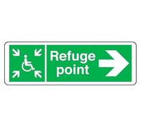 Refuge space arrow right - safety sign - 1.2mm Rigid plastic for indoor/outdoor usage (600mm x 200mm) Viewing Distance within 14m.