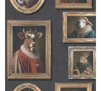 Regal Animals Black Charcoal Wallpaper - Elizabethan Vintage Style Frames - Stylish Trendy Feature Wall