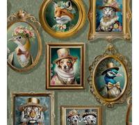 Regal Beasts Sage Green Wallpaper - Animal Print Dog Cat Fox Peacock Artistic - Trendy Stylish Feature Wall