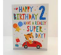 Regal Cards Girl Age 2 Happy Birthday Card - Tiger Car Balloons