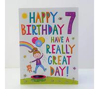 Regal Cards Girl Age 7 Happy Birthday Card - Girl Cat Trampolining,multi-color,19 x 14 cm