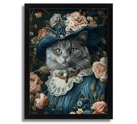 Regal Feline in Blue Dress Cat Floral Art Print Cat Lady Aristocratic Cat Art A4 Poster on Canvas - Wall Art Home Decor Movie Poster Canvas Film Cinema Retro Vintage Cult Classic Nostargic Saga Moder