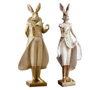 Regal Heirloom Rabbit Figurine, Victorian Elegance Vintage Gold Leaf Easter Bunny Statues, Resin Antique-Style Animal Sculptures for Spring Tabletop, Shelf, Mantel Decor (A+B)