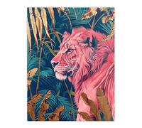 Regal Pink Lion in Teal Blue Gold Tropical Jungle Wall Art Print Artery8 Pink W24 inch x H32 inch