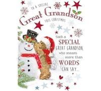 Regal Publishing Character Christmas Card, Great Grandson, Bear & Snowman - 9 x 6 inches - Piccadilly Greetings