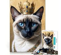 Regal Siamese Cat Portrait with Crown Jigsaw Puzzle for Teenagers 1000 Pieces Recall Upgrade Soothing Fun Clear Cut Wall Art Decor (38x26cm)