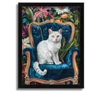 Regal White Cat on Blue Velvet Chair Tropical Garden Art Print Cat Wall Art Gift Poster A4 - Wall Art Home Decor Movie Poster Canvas Film Cinema Retro Vintage Cult Classic Nostargic Saga Modern repri