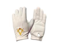 Regalia Store UK Masonic White 100% Cotton Gloves with Golden Square & Compass Embroidery (Large)