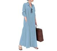 RegaliaKun Maxi Shirt Dress Womens Cotton Linen Button Down Shirt Dress Casual Plus Size Short Sleeve V Neck Ruffled Maxi Dresses Light Blue