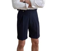 RegaliaKun Men's Linen Flat Front Gurkha Shorts Retro Lightweight Tapered Leg Straight Chino Pants Buckle Back Navy Blue 3X-Large