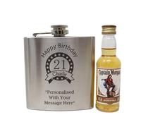 Regalo Personalised Engraved Silver Hip Flask & 5 aptain Morgan Spiced Gold - Birthday Design | 6oz Brushed Steel, Add a Name, Age & Message | 18th, 21st & 40th Gift | 35% ABV | 18+ (Spiced Rum)