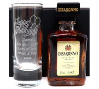 Regalo Personalised Engraved Tall Shot Glass & Miniature Gift Set - Birthday Design | Custom Laser Engraved 2oz Glass & 5 maretto Liqueur | 28% ABV | 18+ (Disaronno Amaretto Original)