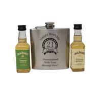 Regalo Personalised Silver Brushed Hip Flask with Miniature Alcohol | 18th, 21st, 30th, 40th, 50th Birthday Gift for Son (Apple & Honey Whiskey)
